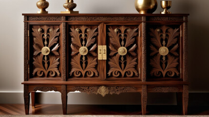 Aged Gracefully: The Storyteller Wooden Cabinet in the Room's Embrace Through a Low Angle Camera Shot