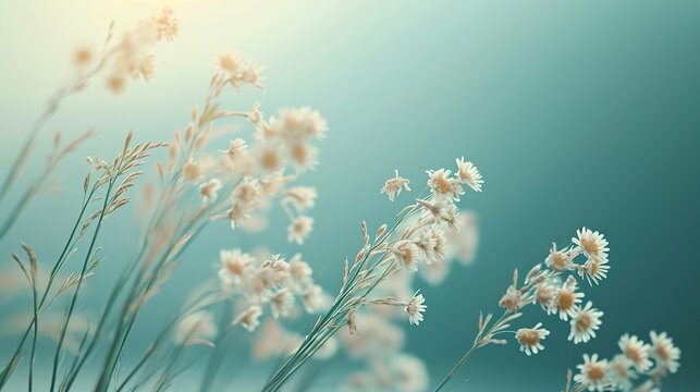 A cluster of daisies bathed in a soft teal glow, creating a dreamy atmosphere. Suitable for serene backgrounds or themes of natural beauty, with space for text.