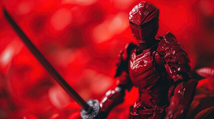 A red-armored warrior stands in a contemplative pose, sword in hand, surrounded by abstract red shapes, symbolizing strength and vigilance. Ideal for themes of fantasy, battle