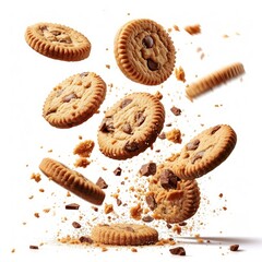 Bakery products flying in the air with a cookie falling on white, Generative AI 