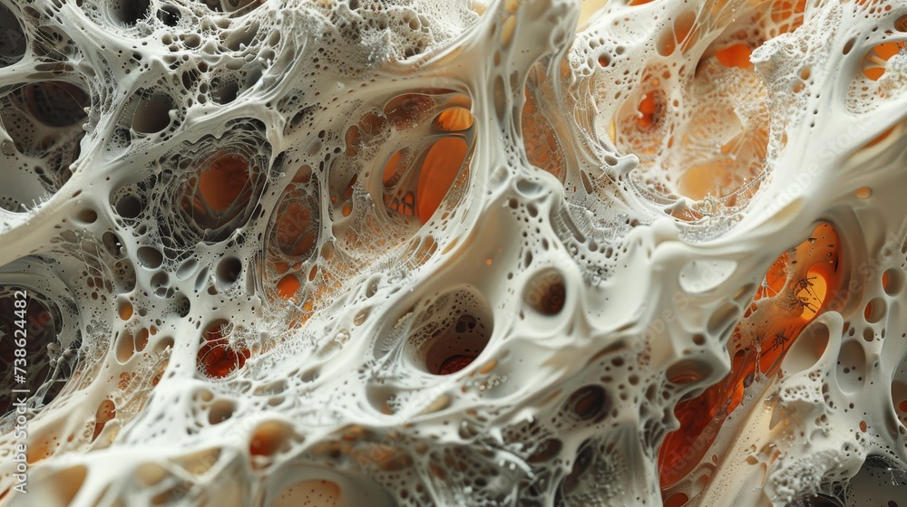 Poster macro photography of an abstract foamy texture with intricate patterns and orange accents, resemblin