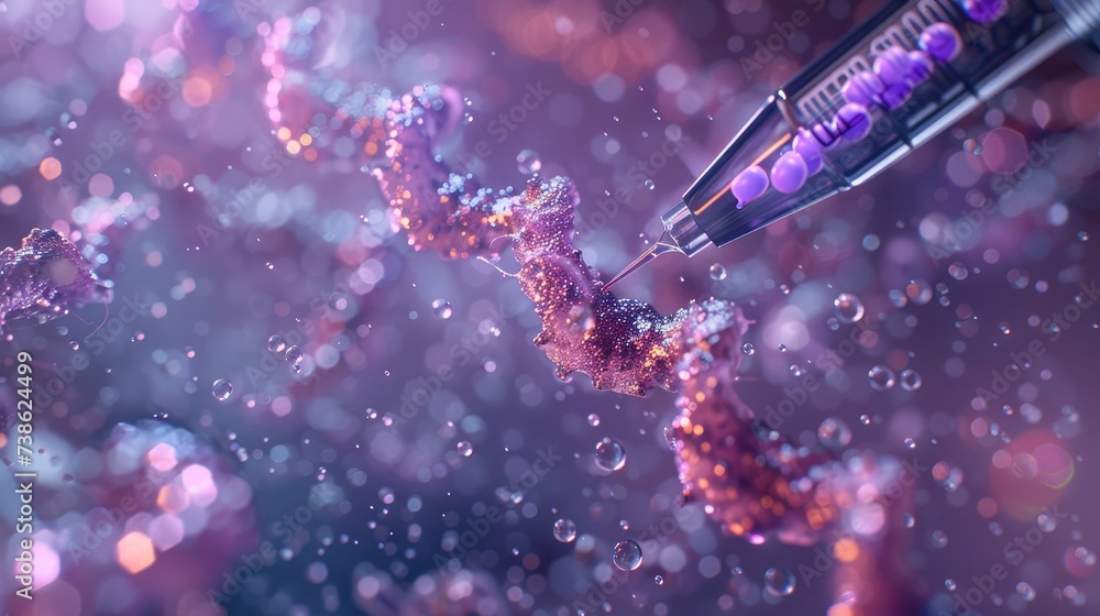 Poster an artistic representation of dna sequencing with a high-tech pipette amid a sparkling backdrop, sym