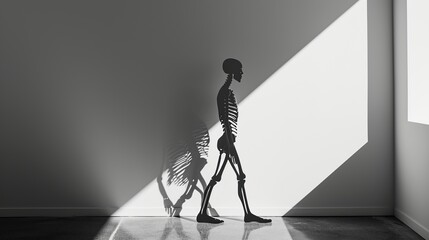 A stark silhouette of a human skeleton in profile, cast against a bright backdrop with strong shadows, ideal for artistic, medical, or philosophical contexts. - obrazy, fototapety, plakaty