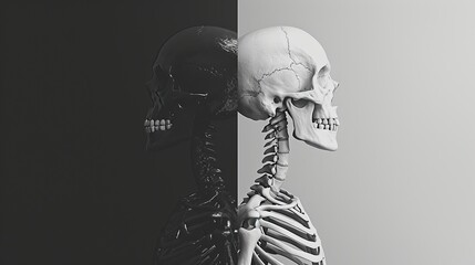 A conceptual black and white image of a human skeleton, portraying themes of anatomy, mortality,...