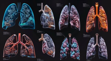 A collection of detailed human lung illustrations showcasing different conditions and anatomical details, ideal for medical and educational use.