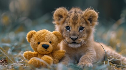 Real lion cub and a teddy bear together in the wild, a heartwarming scene that blends reality with imagination, symbolizing friendship and adventure, perfect for storytelling and educational content