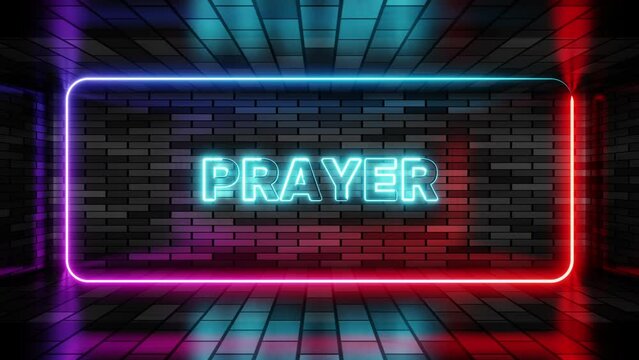Neon sign prayer in speech bubble frame on brick wall background 3d render. Light banner on the wall background. Prayer loop or holy bible, design template, night neon signboard