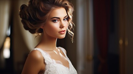 Beautiful Bride Portrait wedding makeup hairstyle, gorgeous young woman in white dress at home. series.