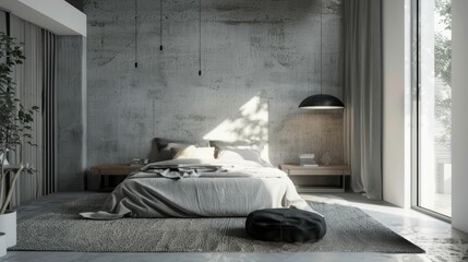 Sleek Minimalist Bedroom with Textured Area Rug