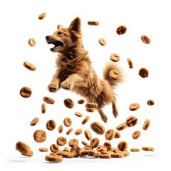 3D rendering of flying dog food on a white backround, Generative AI 