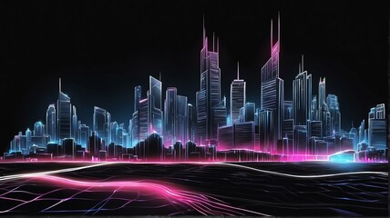 City landscape made of zigzag rays mesh of thick white glowing neon lights on plain black background from Generative AI
