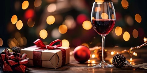 Red wine glass with Santa hat gift box and Christmas decor on table Black background with Christmas lights, Generative AI 