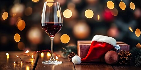 Red wine glass with Santa hat gift box and Christmas decor on table Black background with Christmas lights, Generative AI 