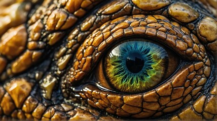 Fototapeta premium Close up of angry dinosaur eye, detailed intricate texture and vibrant colors from Generative AI