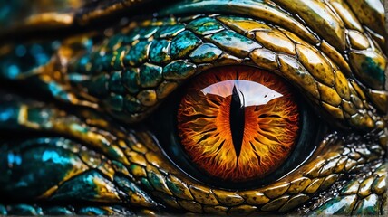 Close up of angry dragon eye, detailed intricate texture and vibrant colors from Generative AI