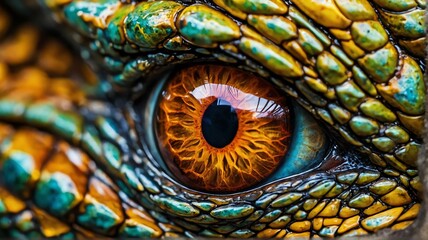 Fototapeta premium Close up of angry dragon eye, detailed intricate texture and vibrant colors from Generative AI