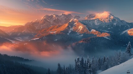 Mountain range at sunset, low angle, winter, golden hour lighting, peaceful - Powered by Adobe