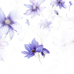 Fototapeta na wymiar Close-up of delicate purple flower blossoms and leaves on a clean white background