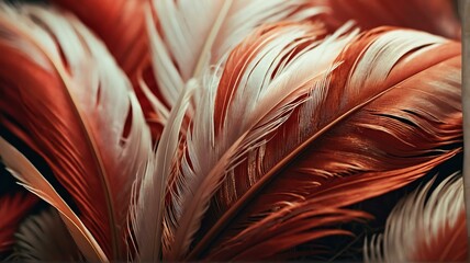 Soft red feathers close up texture with sunlight gentle background from Generative AI
