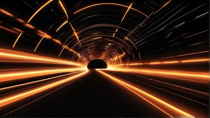 Tunnel warp speed motion made of neon orange rays of light in plain black background from Generative AI