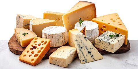 Assorted types of cheese separated on a plain white background, Generative AI 
