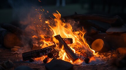 Bonfire with orange flames of burning wood and bricks around it making smoke in a forest during a dark night under a blurred background