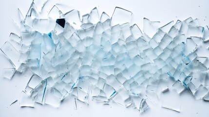 Broken glass pile pieces texture and background, isolated on white, cracked window effect