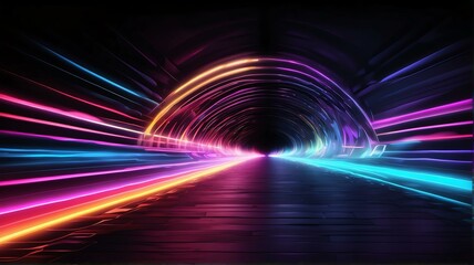 Fototapeta na wymiar Tunnel warp speed motion made of neon vibrant colored rays of light in plain black background from Generative AI