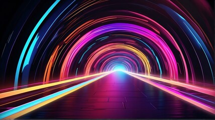 Tunnel warp speed motion made of neon rainbow colored rays of light in plain black background from Generative AI