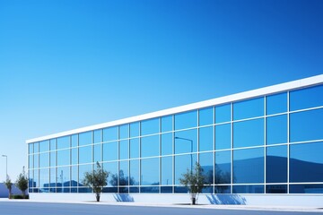 Contemporary office building with reflective glass facade set against vibrant blue sky