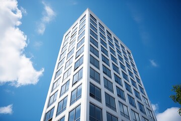 Fototapeta premium Modern office building with glass facade on a clear day against serene blue sky background