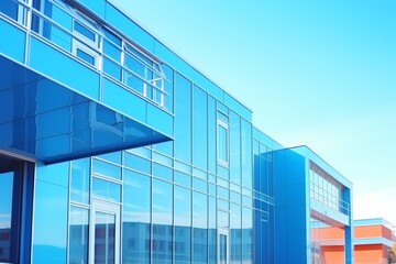 Captivating contemporary office building with a serene blue sky as the stunning background