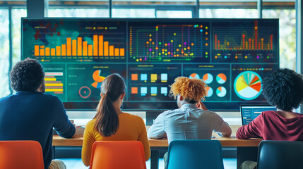 Ethical use of data AI system. diverse group of professionals looking at a large computer screen displaying data graphs. Collaborative effort to identify and mitigate biases in AI data