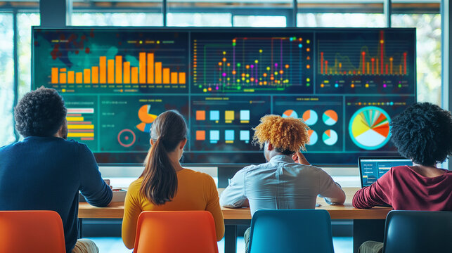 Ethical use of data AI system. diverse group of professionals looking at a large computer screen displaying data graphs. Collaborative effort to identify and mitigate biases in AI data