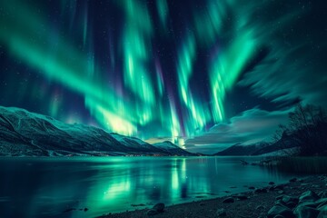 Northern lights dancing over a secluded lake, magical and mystical nature landscape