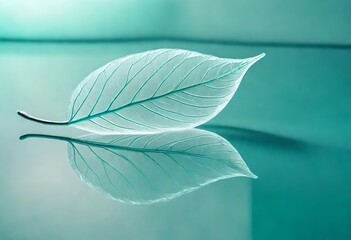 White transparent leaf on mirror surface with reflection on turquoise background macro. Artistic image of ship in water of lake. Dreamy image nature, free space.AI generated