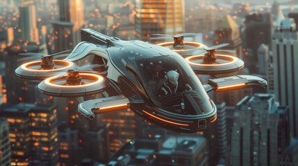 futuristic flying eVTOL transport flies against the backdrop of a big city