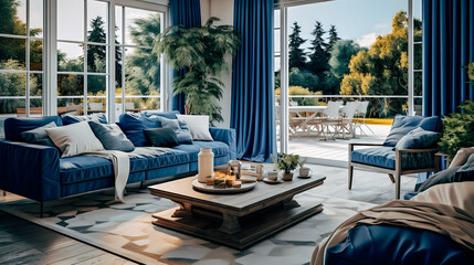 Salon avec canapé et table basse dans les tons bleus avec une porte fenêtre ouverte sur la terrasse