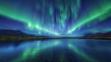 Fototapeta premium Northern lights dancing over a secluded lake, magical and mystical nature landscape