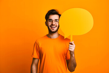 jeune homme tenant un banneau en forme de bulle, dans les tons d'orange - obrazy, fototapety, plakaty