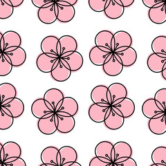 Sakura and cherry blossoms with outline repeating pattern