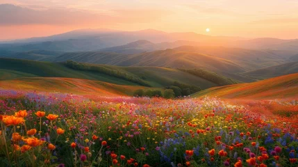Fotobehang Rolling hills covered in wildflowers during spring, vibrant colors, nature landscape © arhendrix