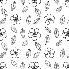 Outlines of cherry flowers and leaves on a repeating pattern