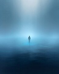 Image of lone man standing in lake in dark dramatic landscape surroundings, mental health concept image - 738627848
