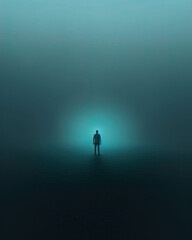 Image of lone man standing in lake in dark dramatic landscape surroundings, mental health concept image - 738627852
