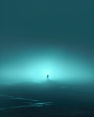 Image of lone man standing in lake in dark dramatic landscape surroundings, mental health concept image - 738627860