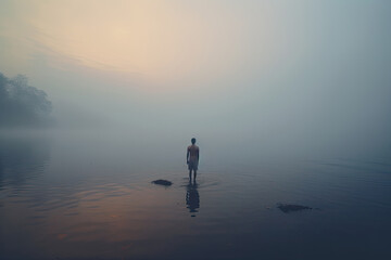 Image of lone man standing in lake in dark dramatic landscape surroundings, mental health concept image - 738627861