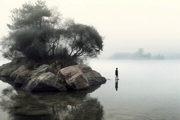 Image of lone man standing in lake in dark dramatic landscape surroundings, mental health concept image - 738627862
