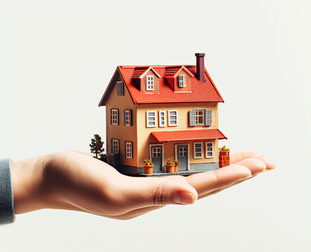 Woman holding model of house or home, mortage or rent finance concept image
