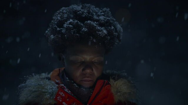African Woman With Afro Hairstyle In Organge Clothes Outside in Strong Snowfall